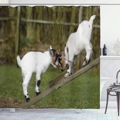 Ambesonne Animal Shower Curtain, Little Goats on a Bench Their Horns Picture Image Design, Cloth Fabric Bathroom Decor Set with Hooks, 69" W x 84" L, White Green