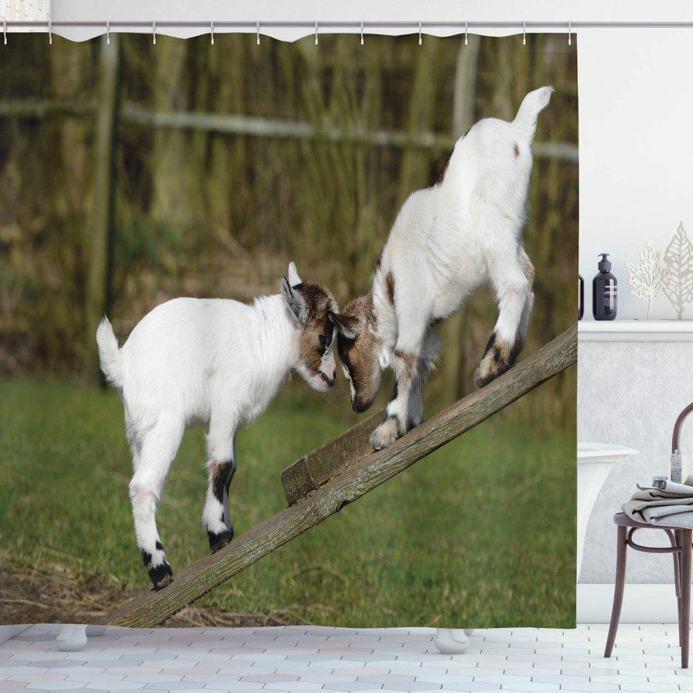 Ambesonne Animal Shower Curtain, Little Goats on a Bench Their Horns Picture Image Design, Cloth Fabric Bathroom Decor Set with Hooks, 69" W x 84" L, White Green