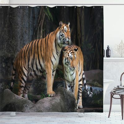 Ambesonne Animal Shower Curtain, Tiger Couple in The Jungle on Big Rocks Image Wild Cats in Nature Image Print, Cloth Fabric Bathroom Decor Set with Hooks, 69" W x 84" L, Grey and Ginger