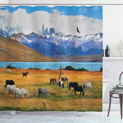 Ambesonne Scenery Shower Curtain, Animal Farm with Horses in The Vast Combe with Mountains Desert Art Photograph, Cloth Fabric Bathroom Decor Set with Hooks, 69" W x 84" L, Off White Multicolor