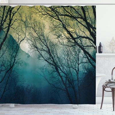 Ambesonne Nature Shower Curtain, Surreal Morning in The Foggy Misty Forest Mountain Valley Habitat Themed Himalayan, Cloth Fabric Bathroom Decor Set with Hooks, 69" W x 70" L, Petrol Blue