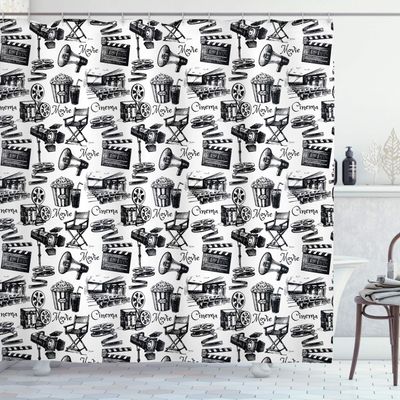 Ambesonne Movie Shower Curtain, Vintage Film Cinema Motion Camera Action Record Graphic Style Print, Cloth Fabric Bathroom Decor Set with Hooks, 69" W x 75" L, Charcoal White