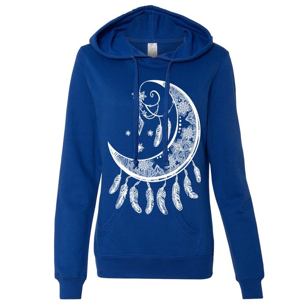 Dolphin Shirt Co Crescent Moon Dreamcatcher White Ladies Lightweight Fitted Hoodie - Cobalt X-Large