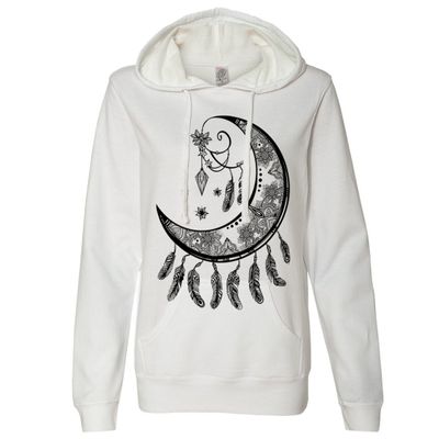 Crescent Moon Dreamcatcher Black Ladies Lightweight Fitted Hoodie - White X-Large