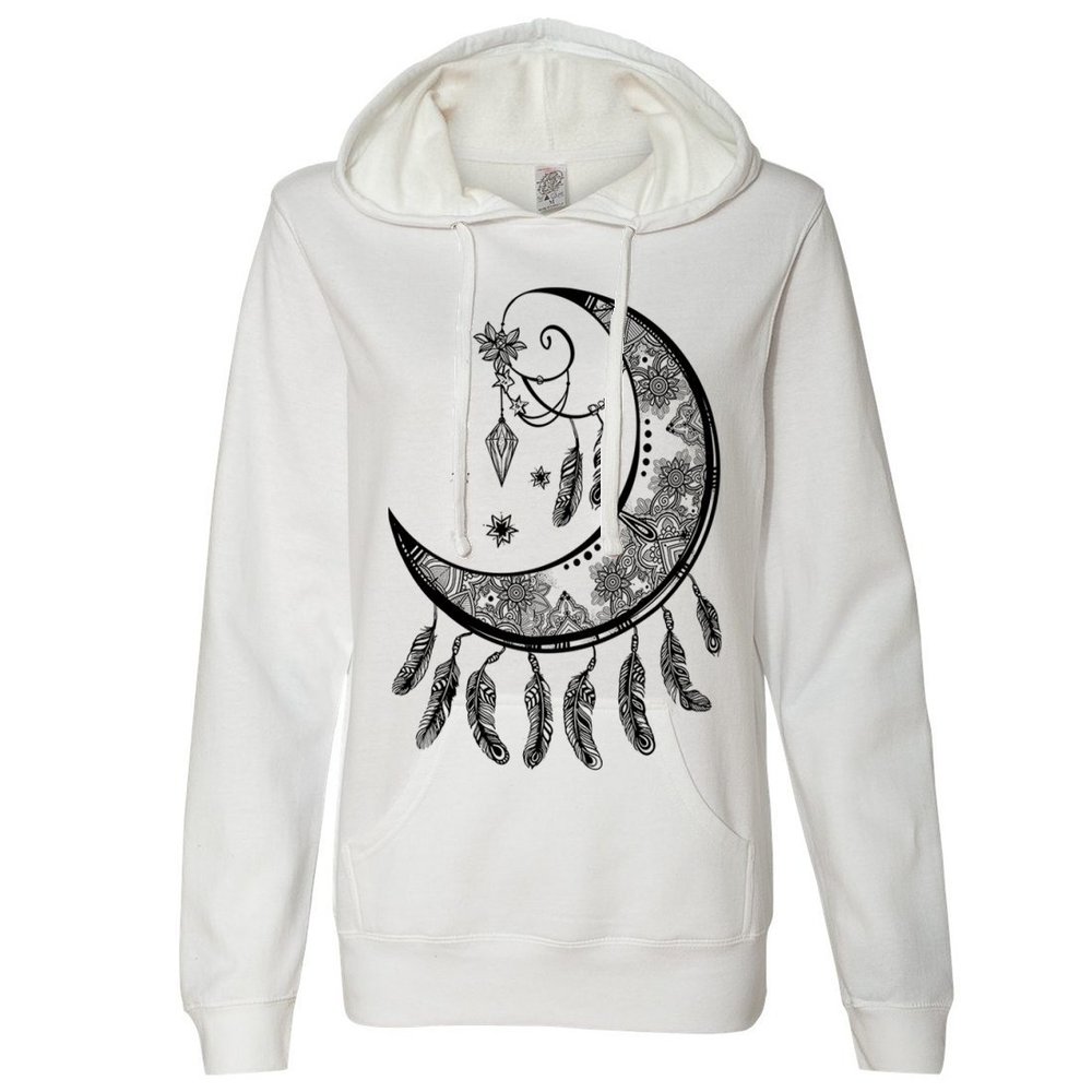 Crescent Moon Dreamcatcher Black Ladies Lightweight Fitted Hoodie - White X-Large