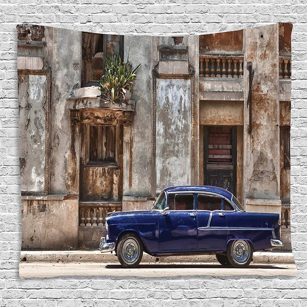 Ambesonne Vintage Tapestry, Old Car in Front of an Abandoned Building in Havana Cuba Urban Scenery, Wide Wall Hanging for Bedroom Living Room Dorm, 60" X 40", Blue and Grey