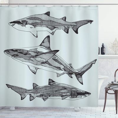 Ambesonne Animal Shower Curtain, Sealife Big Dangerous Fish Shark Jaws Tails Sketchy Monochrome, Cloth Fabric Bathroom Decor Set with Hooks, 69" W x 84" L, Grey Charcoal