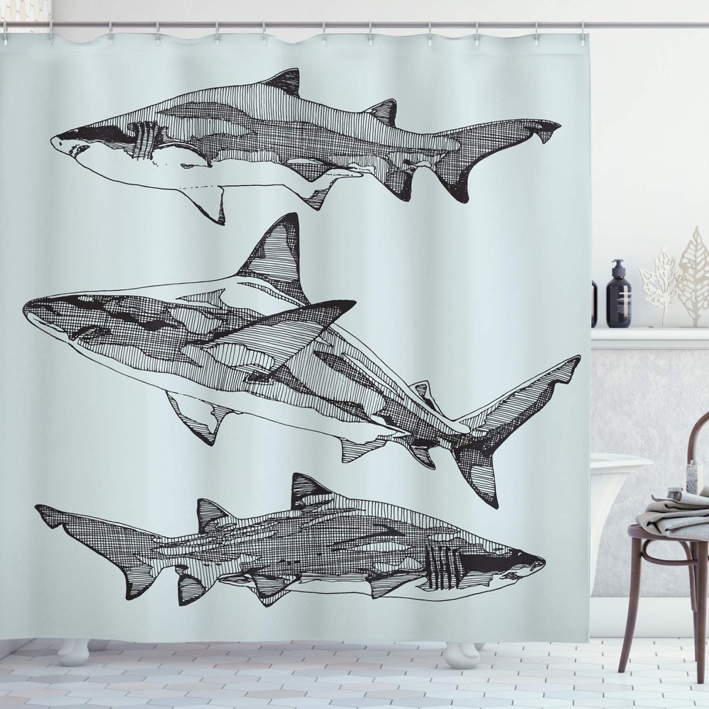 Ambesonne Animal Shower Curtain, Sealife Big Dangerous Fish Shark Jaws Tails Sketchy Monochrome, Cloth Fabric Bathroom Decor Set with Hooks, 69" W x 84" L, Grey Charcoal