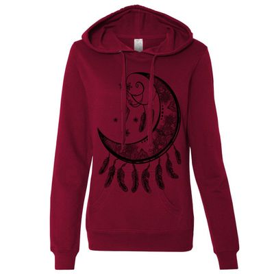 Crescent Moon Dreamcatcher Black Ladies Lightweight Fitted Hoodie - Brick Red X-Large