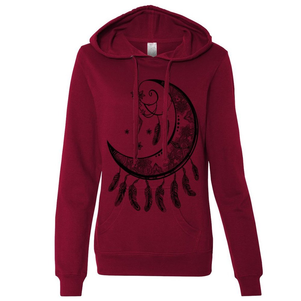 Crescent Moon Dreamcatcher Black Ladies Lightweight Fitted Hoodie - Brick Red X-Large