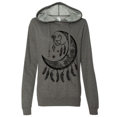 Crescent Moon Dreamcatcher Black Ladies Lightweight Fitted Hoodie - Gunmetal Heather Large