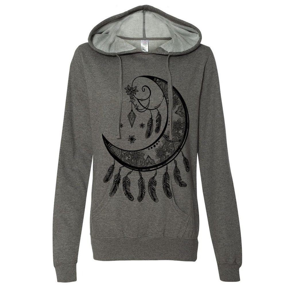 Crescent Moon Dreamcatcher Black Ladies Lightweight Fitted Hoodie - Gunmetal Heather Large