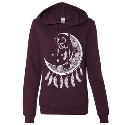 Crescent Moon Dreamcatcher White Ladies Lightweight Fitted Hoodie - Light BlackBerry X-Large