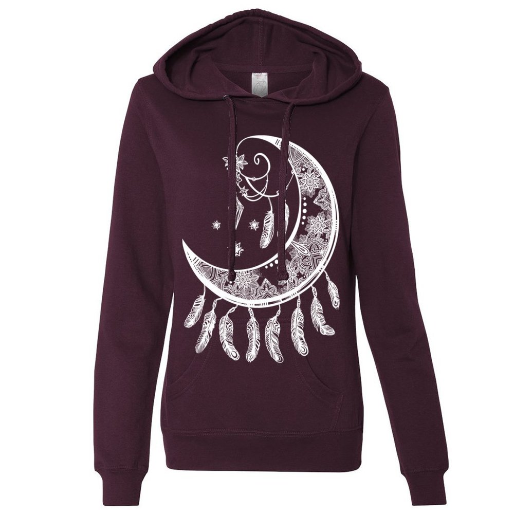 Crescent Moon Dreamcatcher White Ladies Lightweight Fitted Hoodie - Light BlackBerry X-Large