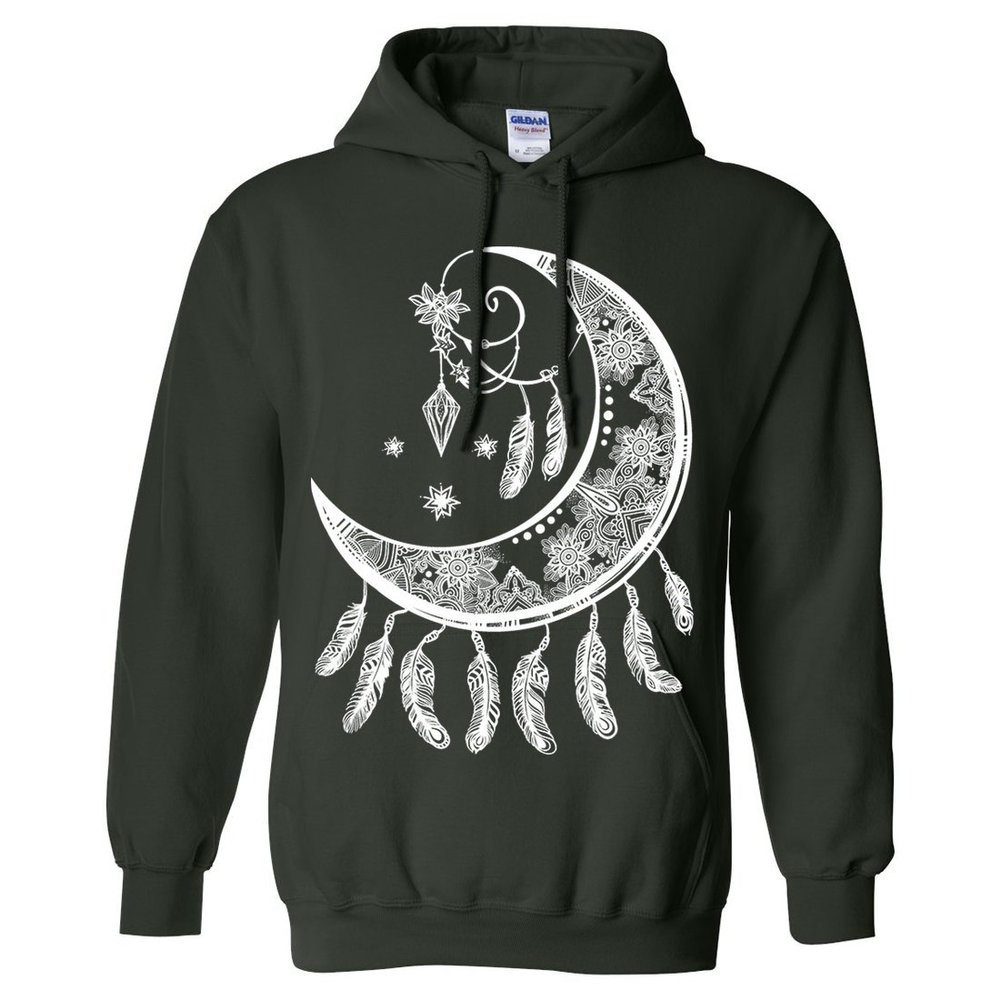 Crescent Moon Dreamcatcher White Sweatshirt Hoodie - Forest Green Large