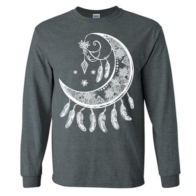 Crescent Moon Dreamcatcher White Long Sleeve Shirt - Dark Heather Small