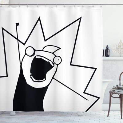 Ambesonne Humor Shower Curtain, Happy Stick Meme Troll Face Cheerful Expression Digital Modern Design, Cloth Fabric Bathroom Decor Set with Hooks, 69" W x 75" L, White and Blue