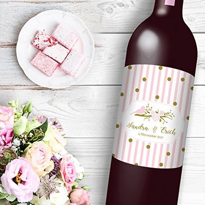 DesignThatSign 12 Pink Stripes and Gold Dots Confetti Wine/Beer Bottle Labels Easy to Use Self Stick Labels