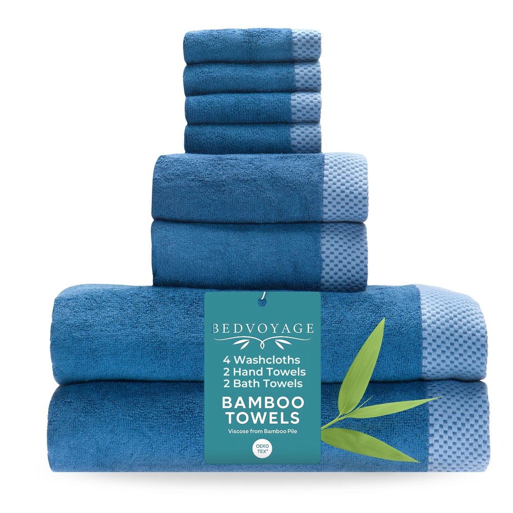 BedVoyage Luxury Bath Towels Set of 8 - Ultra Soft Plush Bathroom Towel Set - Highly Absorbent Viscose from Bamboo Bath Towels Ultra Soft - Spa Towel for Body - Indigo