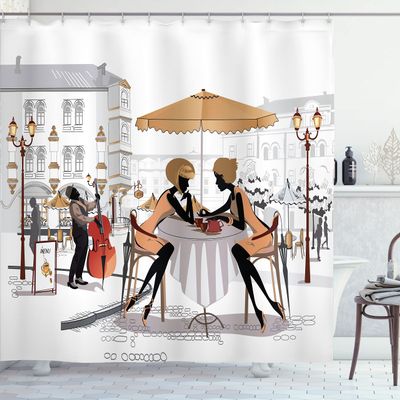 Ambesonne France Shower Curtain, 2 Ladies in a Paris Cafe in Old Town with Street Musician Urban Theme, Cloth Fabric Bathroom Decor Set with Hooks, 69" W x 70" L, Brown White