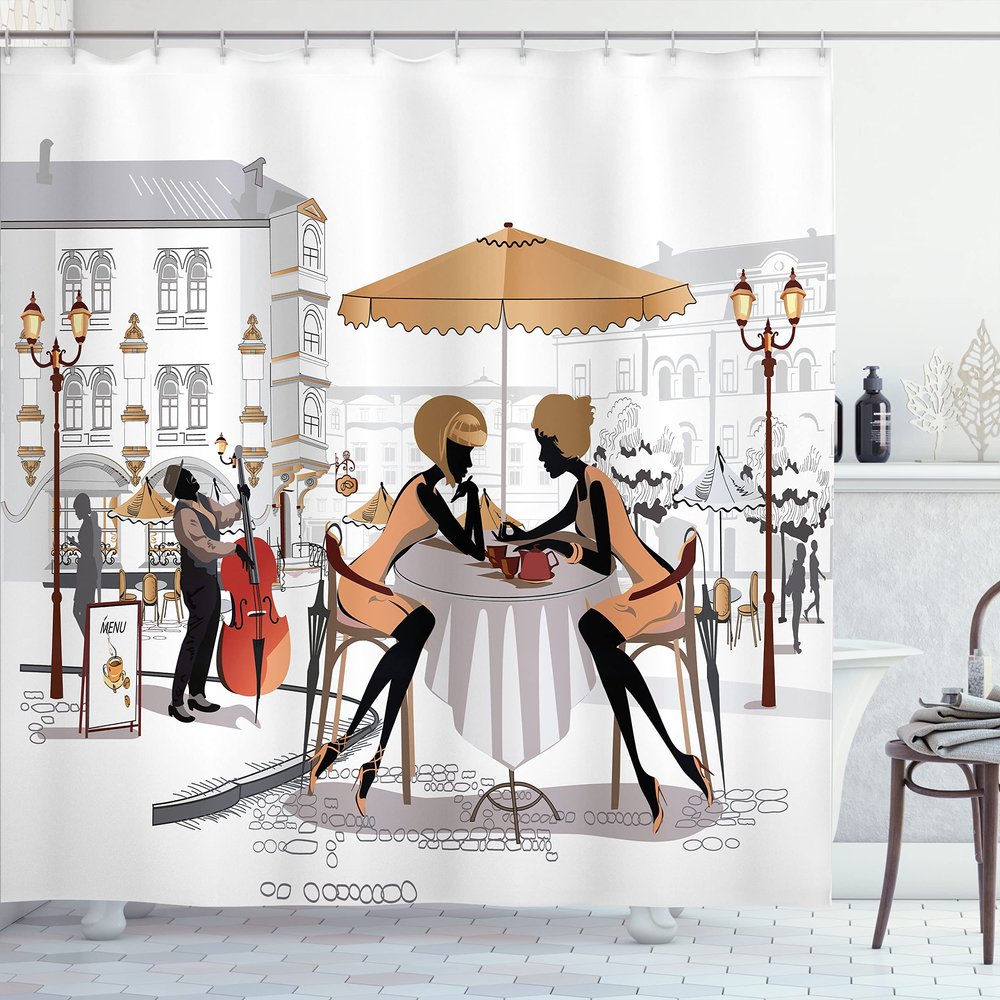 Ambesonne France Shower Curtain, 2 Ladies in a Paris Cafe in Old Town with Street Musician Urban Theme, Cloth Fabric Bathroom Decor Set with Hooks, 69" W x 70" L, Brown White