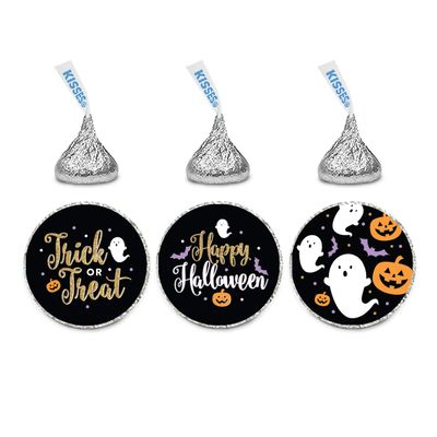 Andaz Press Chocolate Drop Labels Trio, Fits Kisses Party Favors, Happy Halloween Printed Gold Glitter, 216-Pack, Envelope Seals Stickers