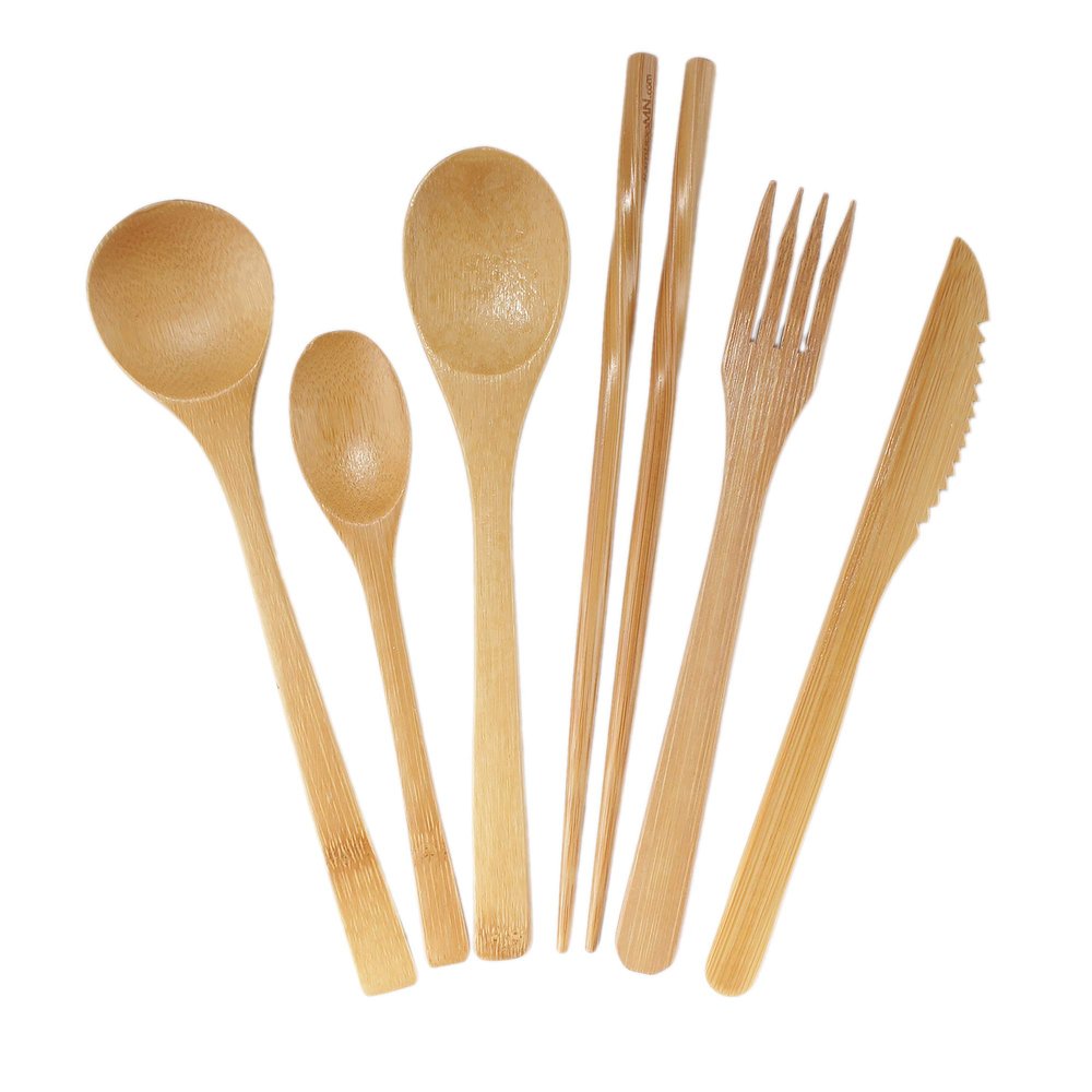 BambooMN Organic Reusable Bamboo Utensil Set 3 Spoons Fork Knife and Chopsticks - 30 Sets