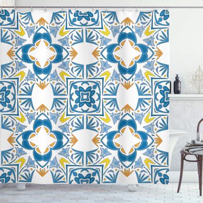 Ambesonne Ethnic Shower Curtain, Tunisian Mosaic with Azulojo Spanish Influence Retro Inspired Art, Cloth Fabric Bathroom Decor Set with Hooks, 69" W x 84" L, Blue