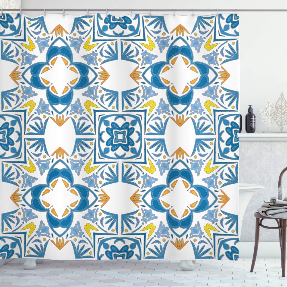 Ambesonne Ethnic Shower Curtain, Tunisian Mosaic with Azulojo Spanish Influence Retro Inspired Art, Cloth Fabric Bathroom Decor Set with Hooks, 69" W x 84" L, Blue