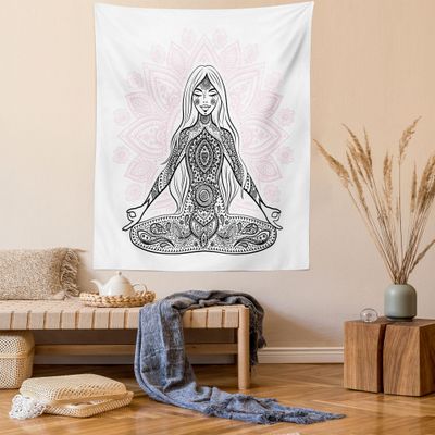 Ambesonne Colorful Tapestry, Ornate Girl on Lotus Flower with Eastern on Body Mind Calming Concept, Wall Hanging for Bedroom Living Room Dorm Decor, 60" X 80", Black Pink