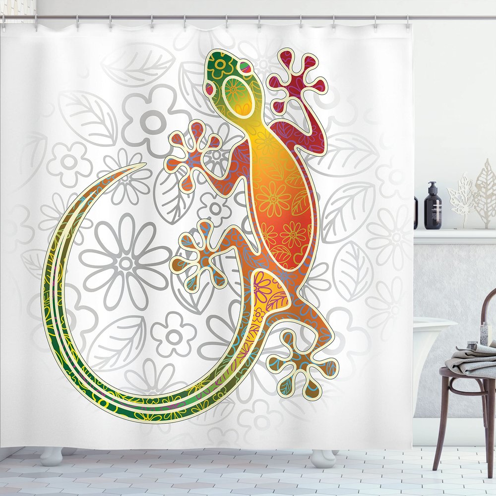 Ambesonne Batik Shower Curtain, Native Southeast Common House Gecko Moon Lizard Tropical Monster Graphic Design, Cloth Fabric Bathroom Decor Set Hooks, 69" W x 75" L, White Charcoal Grey Multicolor