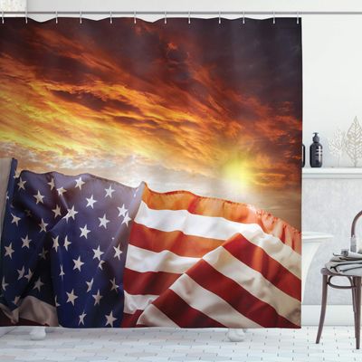 Ambesonne American Flag Shower Curtain, Banner in Front of Sunset Sky Horizon America Union Idyllic Photograph, Cloth Fabric Bathroom Decor Set with Hooks, 69" W x 84" L, Burnt Sienna Night Blue White