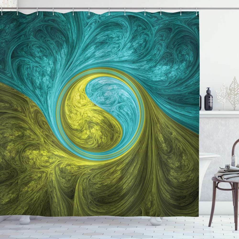 Ambesonne Spires Shower Curtain, Eastern Spiral Psychedelic Design Sunny Side Motif, Cloth Fabric Bathroom Decor Set with Hooks, 69" W x 70" L, Khaki Teal