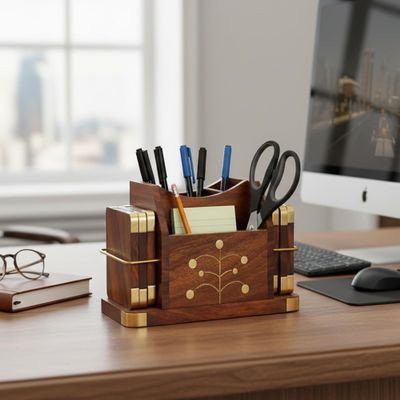 Stonkraft Wooden Rosewood Desk Organizer, Coasters Set, Pen Stand, Business Card Holder with Brass Work (Office Table Accessories)