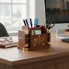 Stonkraft Wooden Rosewood Desk Organizer, Coasters Set, Pen Stand, Business Card Holder with Brass Work (Office Table Accessories) view 3