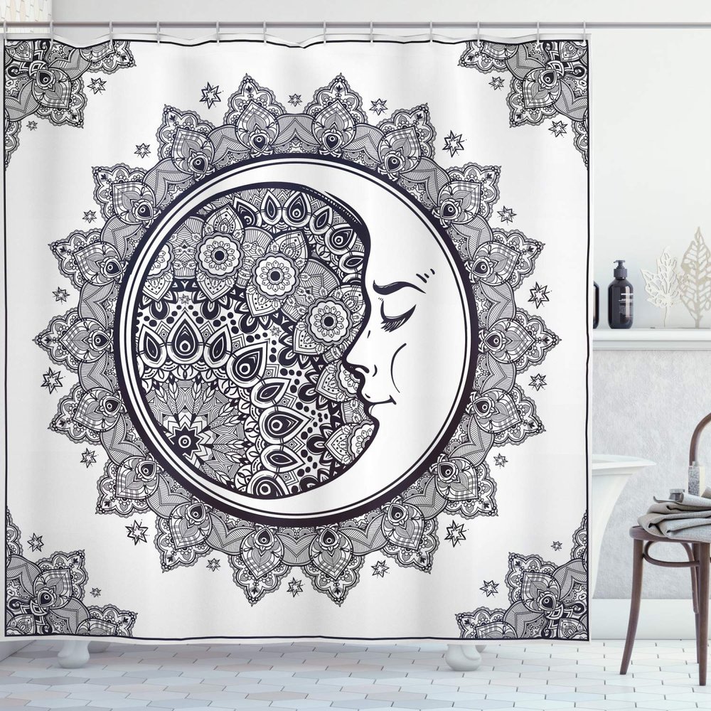 Ambesonne Zodiac Shower Curtain, Intricate Boho Mandala Form Crescent Moon Foreground Alchemy, Cloth Fabric Bathroom Decor Set with Hooks, 69" W x 84" L, White Charcoal Grey