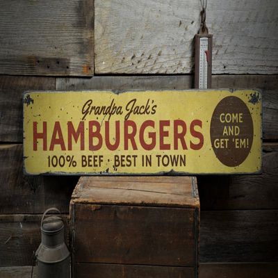 100% Beef Hamburgers Wood Sign, Best In Town Come & Get 'Em Grill Master Name Kitchen - Rustic Hand Made Vintage Wooden Sign - 9.25 x 48 Inches