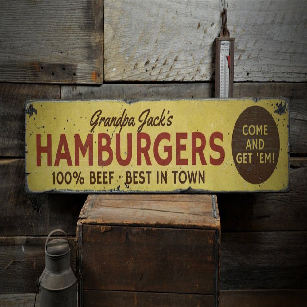 100% Beef Hamburgers Wood Sign, Best In Town Come & Get 'Em Grill Master Name Kitchen - Rustic Hand Made Vintage Wooden Sign - 9.25 x 48 Inches