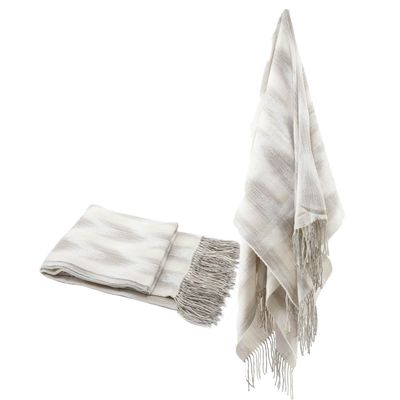 A and B Home 60" W Rectangle White and Light Brown Acrylic Throw Blanket w/Fringed Ends, Space Dyed Pattern, Couch Sofa or Bed Throw Blanket, Decorative Accent Blanket