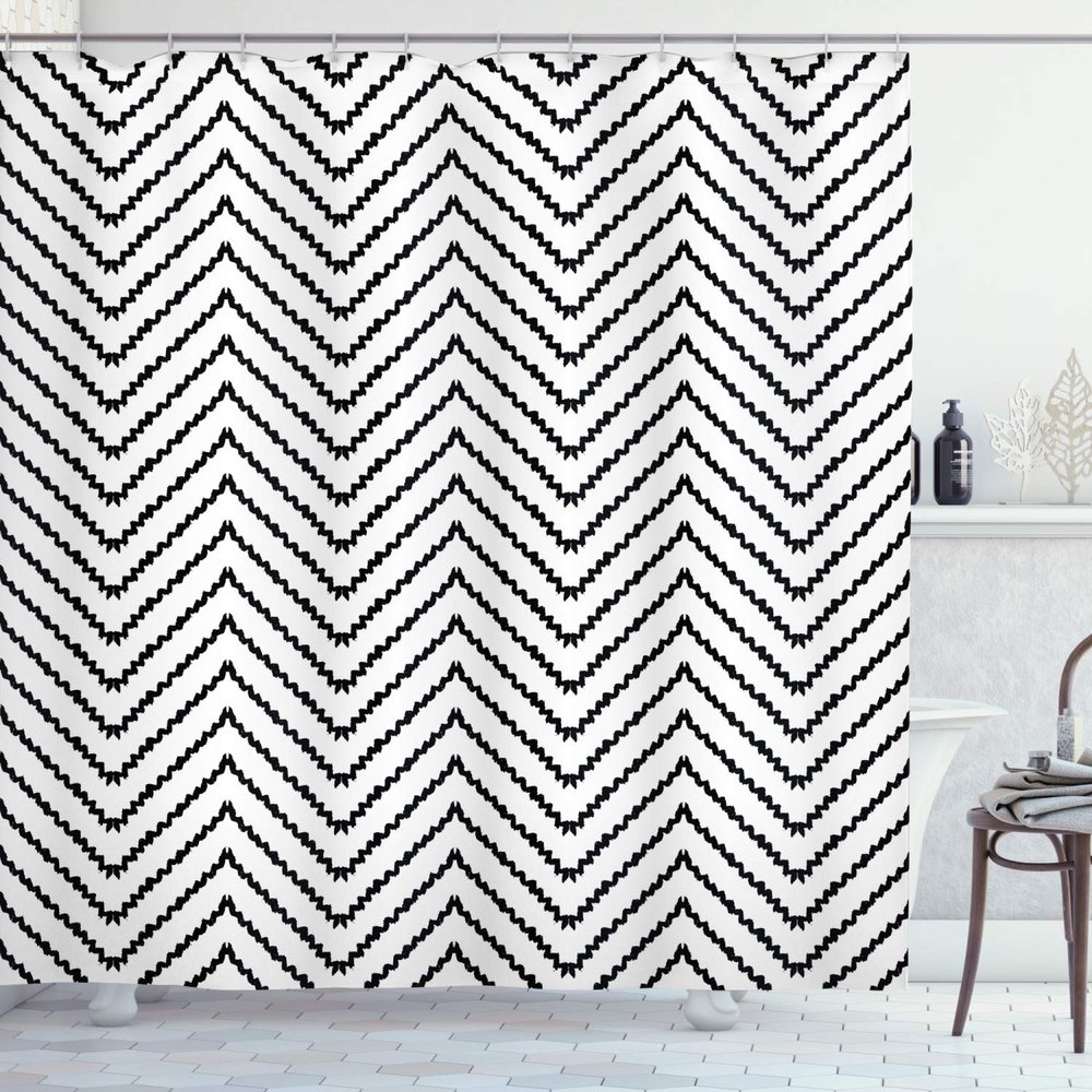 Ambesonne Modern Shower Curtain, Geometric Triangle Shapes Zig Zag Triggering Lines Minimalist Pattern Print, Cloth Fabric Bathroom Decor Set with Hooks, 69" W x 84" L, Black and White