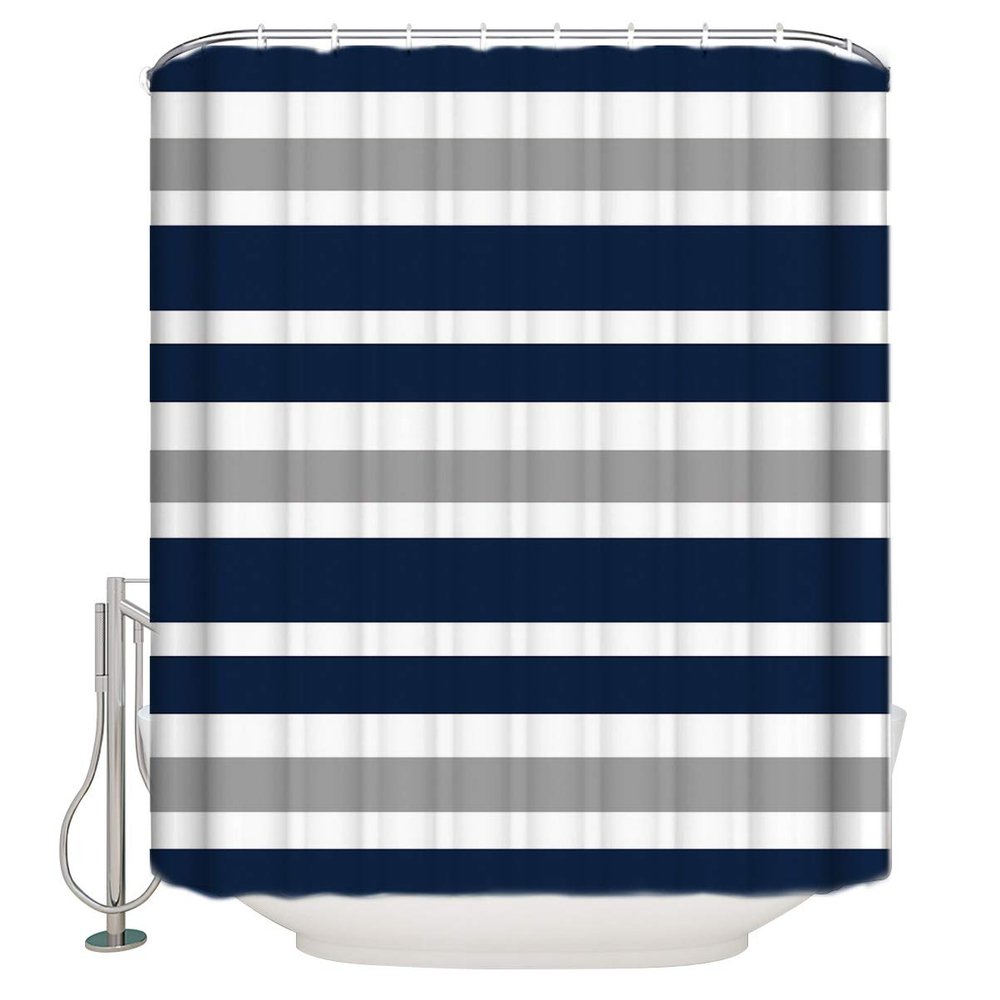 Vandarllin?TM Designs Navy Blue, Gray and White Kids Bathroom Fabric Bath Teen Stripe Shower Curtain-Standard Sizes 60X72 Inch