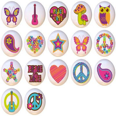 SET OF 17 KNOBS - Retro '70s by PP Flower Power Hippy Groovy Peace Love - DECORATIVE Ceramic Dresser Drawer PULLS Cabinet Cupboard KNOBS