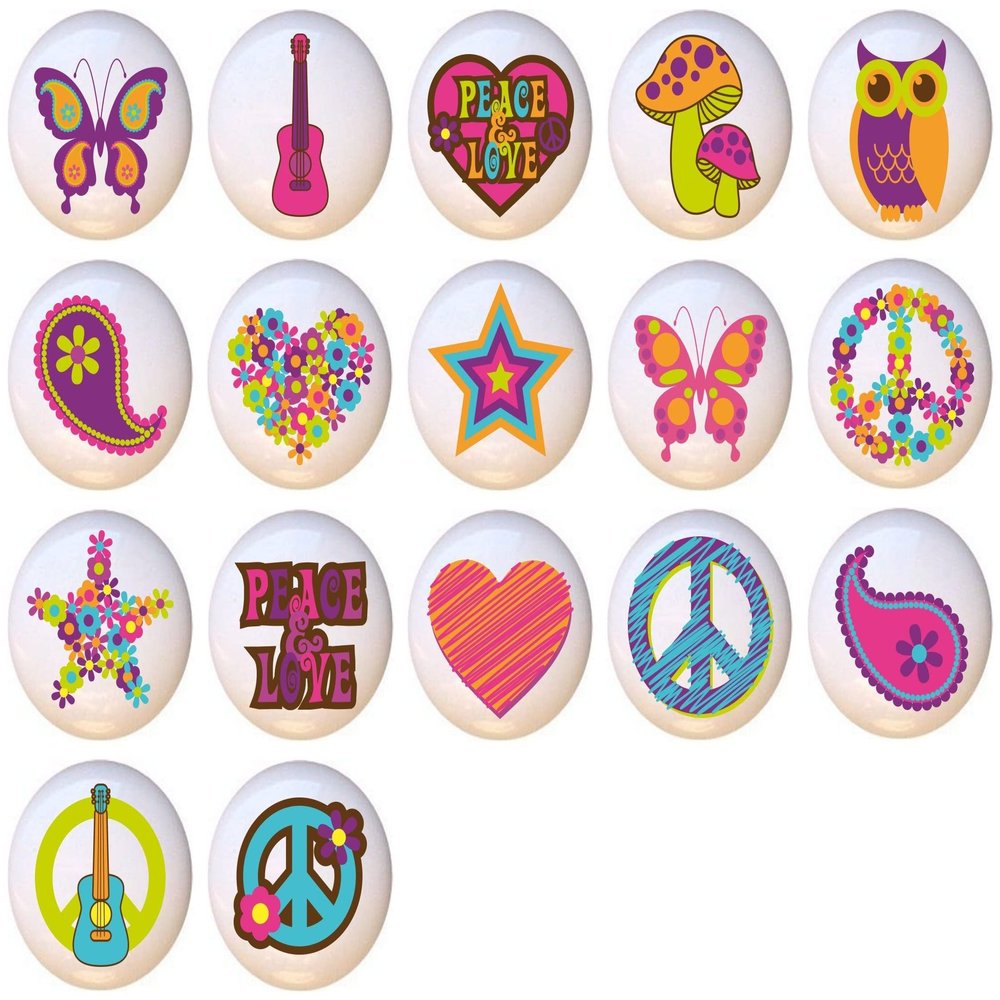 SET OF 17 KNOBS - Retro '70s by PP Flower Power Hippy Groovy Peace Love - DECORATIVE Ceramic Dresser Drawer PULLS Cabinet Cupboard KNOBS