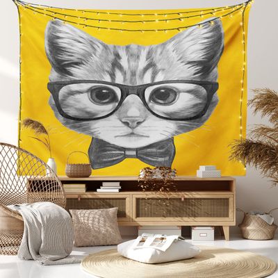 Ambesonne Animal Tapestry, Sketchy Hand Drawn Design Hipster Cat Kitten Glasses Image Print, Wide Wall Hanging for Bedroom Living Room Dorm, 60" X 40", Grey Mustard