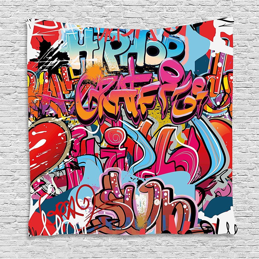 Ambesonne Graphic Tapestry, Hip Hop Street Culture Harlem New York City Wall Graffiti Art Spray Art Image, Wall Hanging for Bedroom Living Room Dorm Decor, 60" X 80", Pink Blue