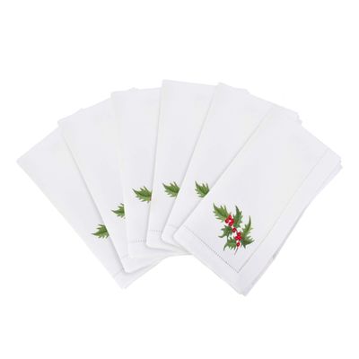 Handmade Holly Leaf Embroidery Napkin with Hemstitched Border (Set of 6)