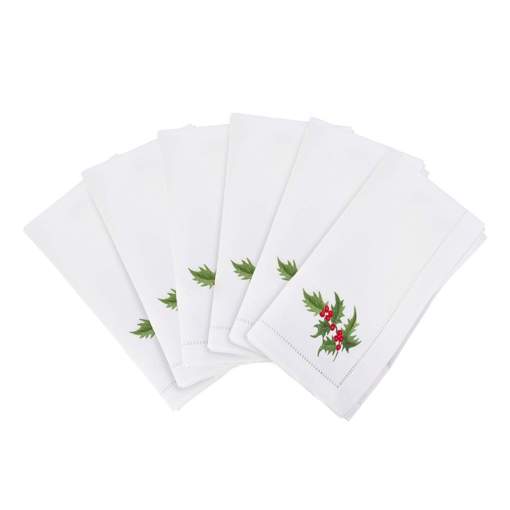 Handmade Holly Leaf Embroidery Napkin with Hemstitched Border (Set of 6)