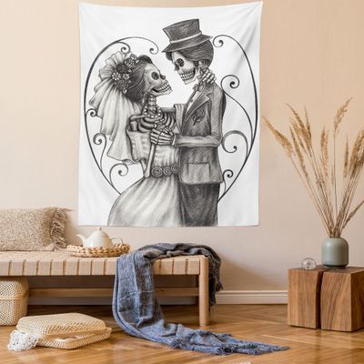 Ambesonne Day of the Dead Tapestry, Love Skull Skeleton Marriage Eternal Love Theme Spanish Art, Wall Hanging for Bedroom Living Room Dorm Decor, 40" X 60", Dimgrey White