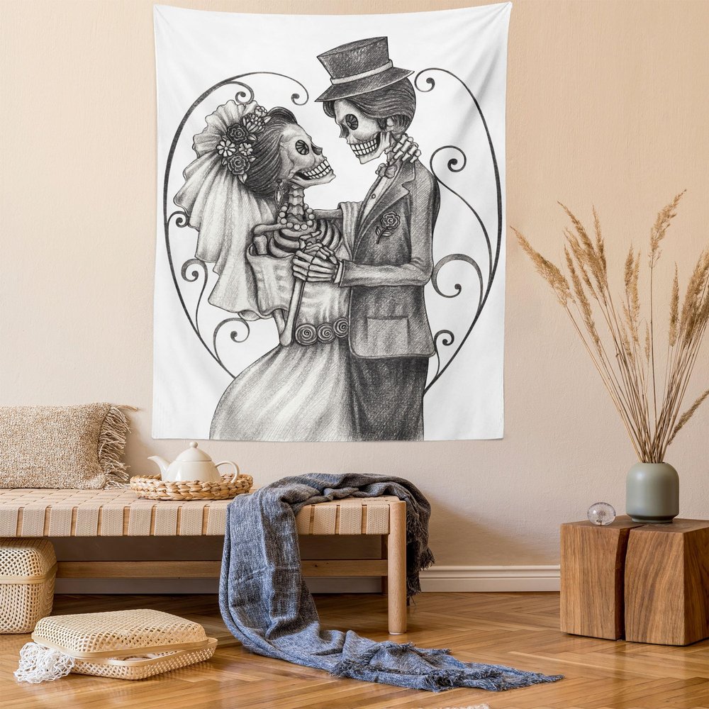 Ambesonne Day of the Dead Tapestry, Love Skull Skeleton Marriage Eternal Love Theme Spanish Art, Wall Hanging for Bedroom Living Room Dorm Decor, 40" X 60", Dimgrey White
