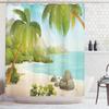 Ambesonne Tropical Shower Curtain, Exotic Beach with Coconut Palm Trees and Rocks Journey Oceanic Coastal Design, Cloth Fabric Bathroom Decor Set with Hooks, 69" W x 84" L, Aqua Green view 1